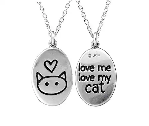Mark Poulin Love Me Love My Cat Necklace Reversible 925 Sterling Silver on 16" 18" 20" Adjustable Chain for Women
